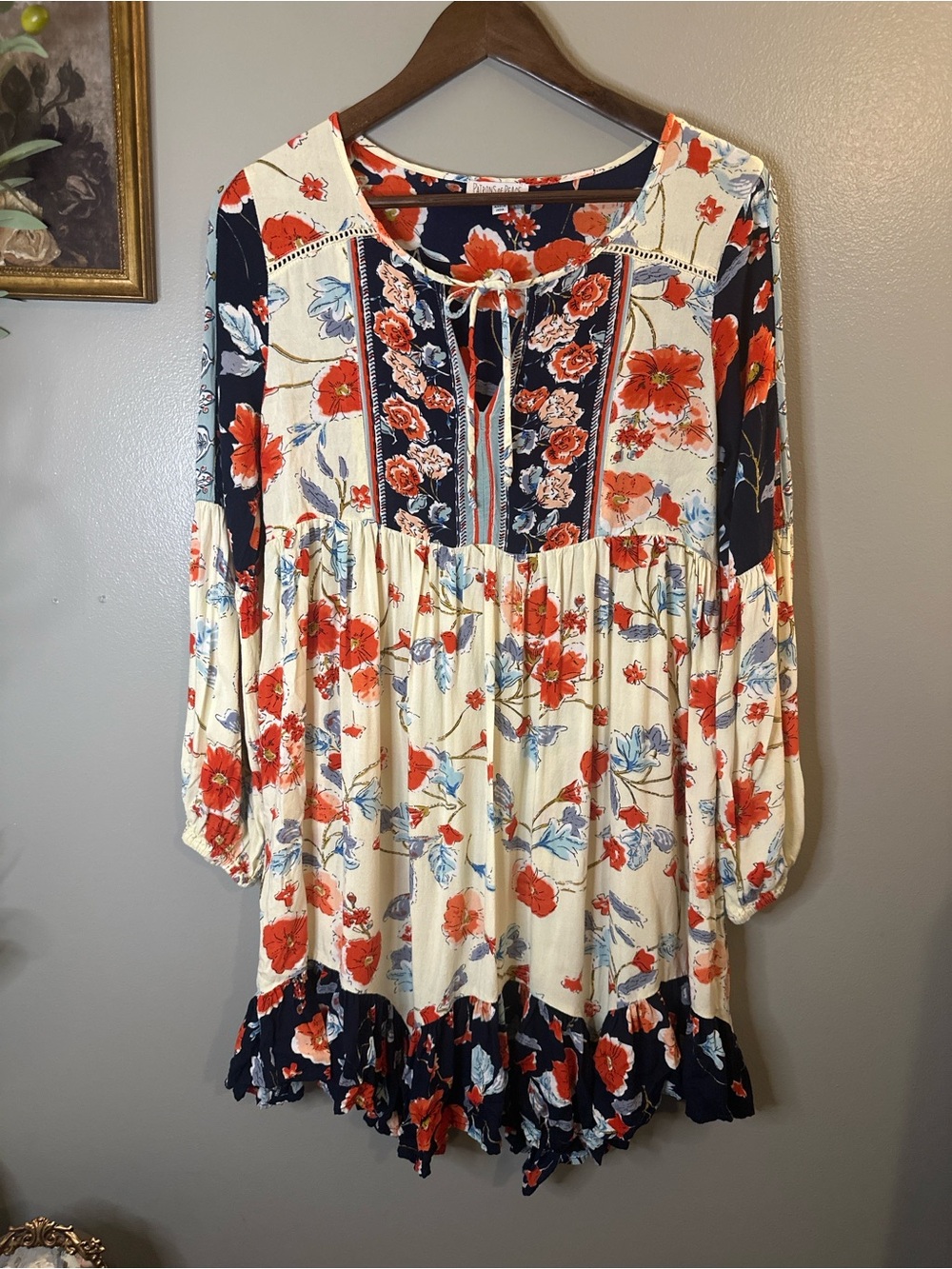 Patrons of Peace Floral Boho Mini Dress Small Rayon Peasant Ruffle Hem - Picture 2 of 9